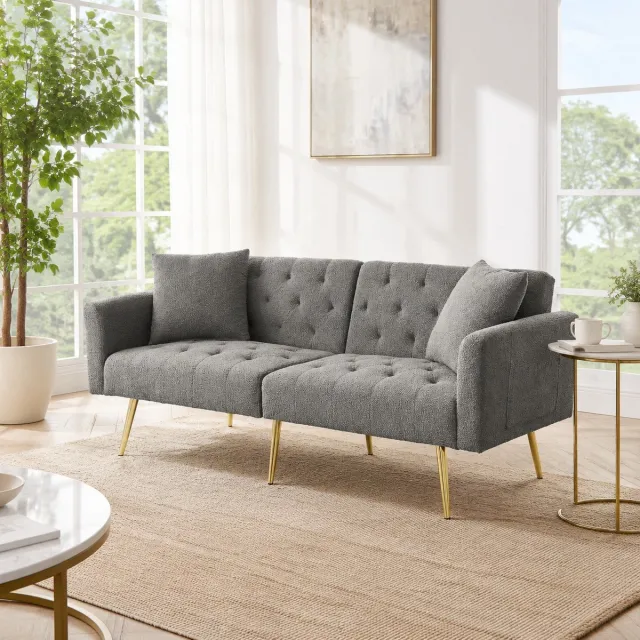 MEUNIQ 2-zitsbank 177 cm grijze teddy-fleece, verstelbare rugleuning, 2 kussens en gouden metalen poten voor woonkamer of appartement Grijs