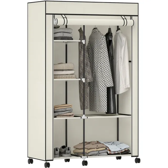 Lunpog Stoffen kledingkast - met 6 wielen- Verrijdbare - kledingroede en open planken - 103 x 43 x 162,5 cm – Crème