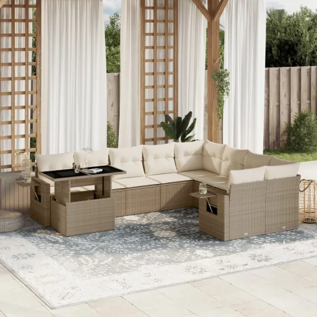 vidaXL 10-delige Loungeset met kussens poly rattan beige, foto 2