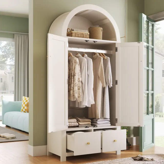 MEUNIQ Kledingkast 78 x 45 x 181 cm met 2 deuren, 2 lades, hanggedeelte, open boogvak en rotanvlechtwerk – landelijk wit voor slaapkamer