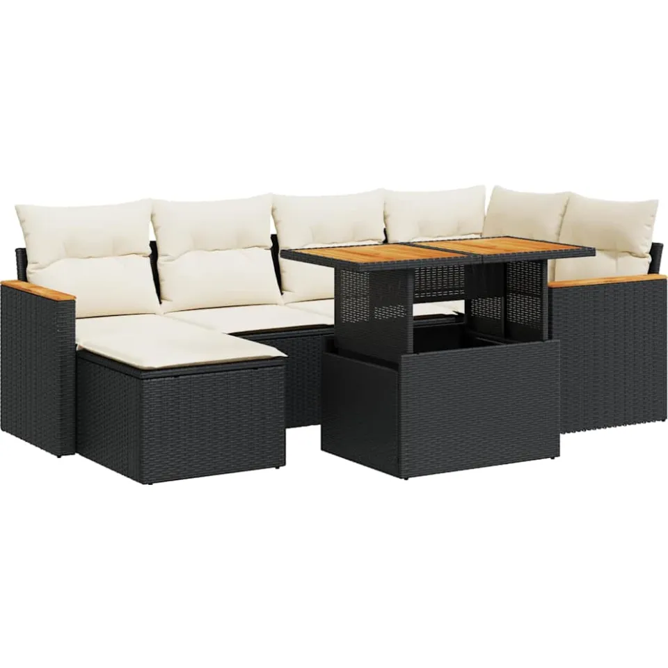 vidaXL 7-delige Loungeset met kussens poly rattan acacia zwart, foto 3