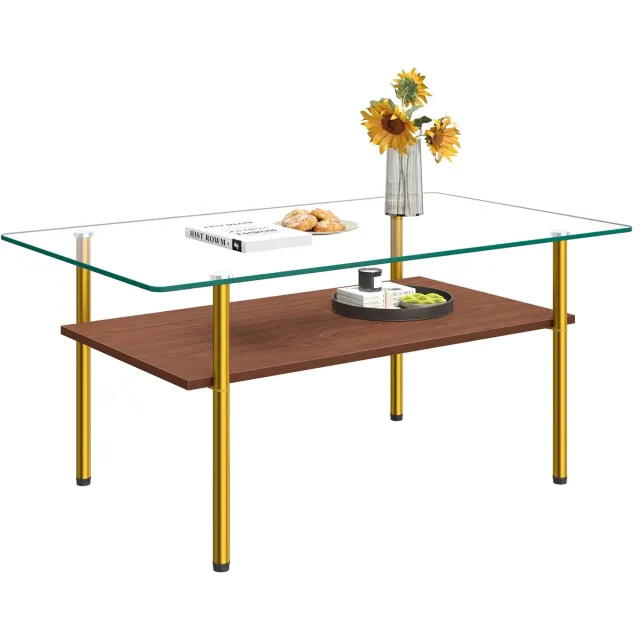 HAUSS SPOLE Salontafel - Rechthoekig Met Glazen Tafelblad En MDF Legplank - Modern Voor Woonkamer En Kantoor - Metaal - 98 x 58 x 45 Cm - Bruin Goud
