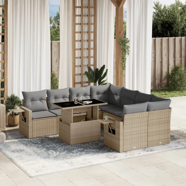 vidaXL 9-delige Loungeset met kussens poly rattan beige, foto 2