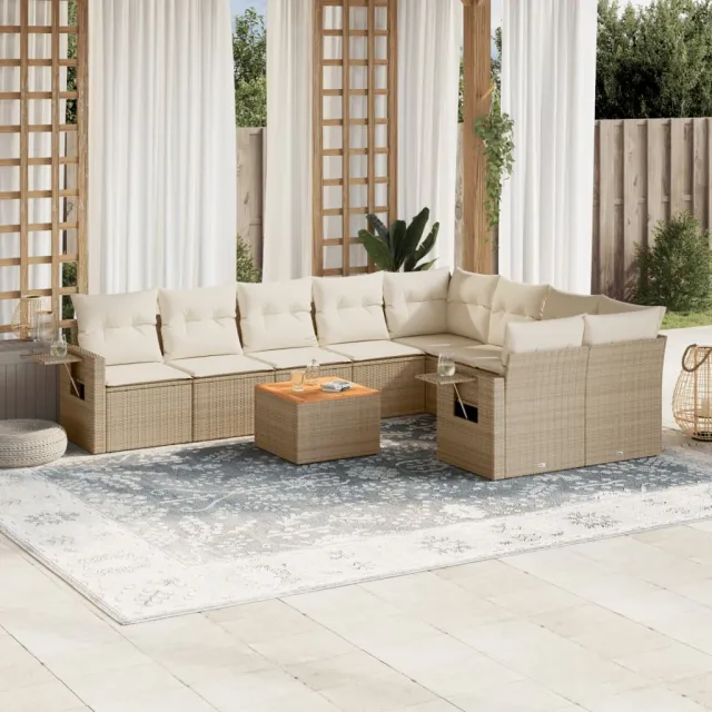 vidaXL 10-delige Loungeset met kussens poly rattan beige, foto 2