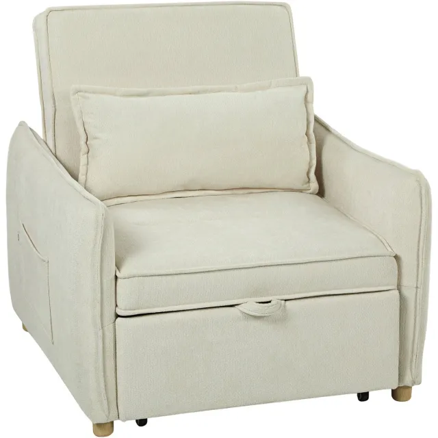Homona Slaapfauteuil - 3-in-1 - Rugleuning verstelbaar tot 180° - Met chenille bekleding en zijvakken - Inclusief kussen met wasbare hoes - 88 x 84 x 87 cm - Crèmewit