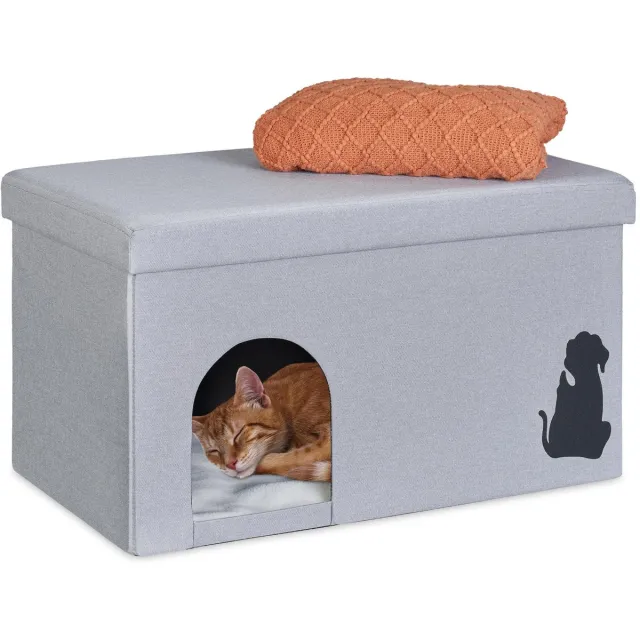 Famanu Opvouwbare kattenmand poef met kussen, tot 100 kg, hocker, : ca. 40,5 x 72 x 40,5 cm, kattenhuis in grijs