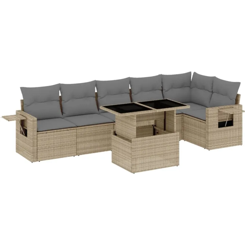 vidaXL 7-delige Loungeset met kussens poly rattan beige, foto 3