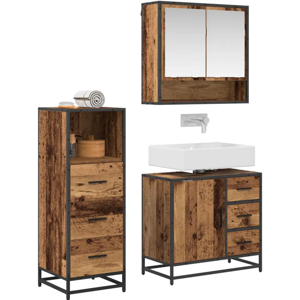 vidaXL Badkamermeubelset 3 st Oud Hout 65 x 33 x 60 cm Bewerkt hout Bruin