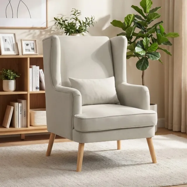 REDOM Fauteuil - Hoge rugleuning - Brede zitting met lendekussen - Houten poten en armleuningen - Scandinavische stijl - Stof met linnenlook - Woonkamer - Beige - 77 x 77 x 110 cm