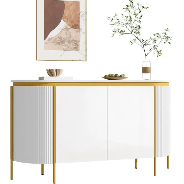 Clruro Dressoir - 140×38×80 cm - Ovaal - 4 Deuren en Kabeldoorvoer - MDF/IJzer - Wit
