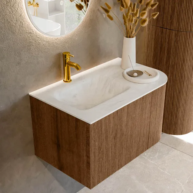 Mondiaz KURVE-DLUX 75 cm Onderkast Greeploos 1 Lade Met Deuren Walnut, Wastafel Solid Surface Links Opalo 1 Kraangat Zonder Spiegel (KRVGRU75R1L1D1KL-Wal/Opa)