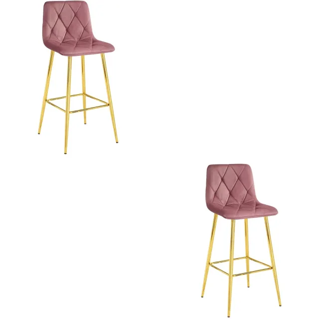 LEOBERT Set van 2 Barkrukken NADO – Donkerroze Velvet / Fluweel – Gestoffeerde Barstoelen met Rugleuning en Voetsteun – Goudkleurige Metalen Poten – Modern Design – Voor Keukeneiland, Keuken, Bartafel en Thuisbar
