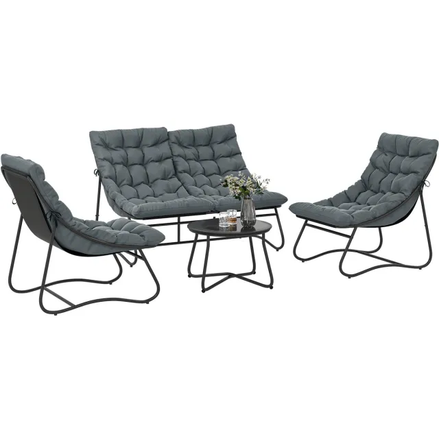 Hoohohoo Tuinset - Loungeset met 2-Zitsbank - 2 Stoelen - Salontafel & Kussens - Tuinmeubelset voor 4 Personen - Tuinbank - Zitset - Grijs