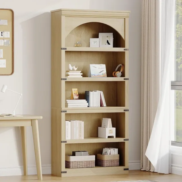 Triumpunpre Vintage Boekenkast Hoog 5 Lagen - 80x30x174.5cm - Boogvormige Boekenkast - Open Opbergkast - Gebogen Opbergrek - Voor Kantoor Woonkamer - Houtkleur