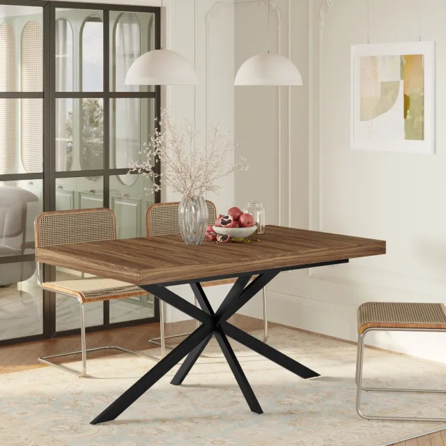 OKWISH Eettafel - Uitschuifbaar van 140 tot 180 cm - Verborgen Lade - voor 4 tot 6 Personen - MDF en Zwart Metaal - Walnootkleur - 80 x 76 cm Walnootkleurig