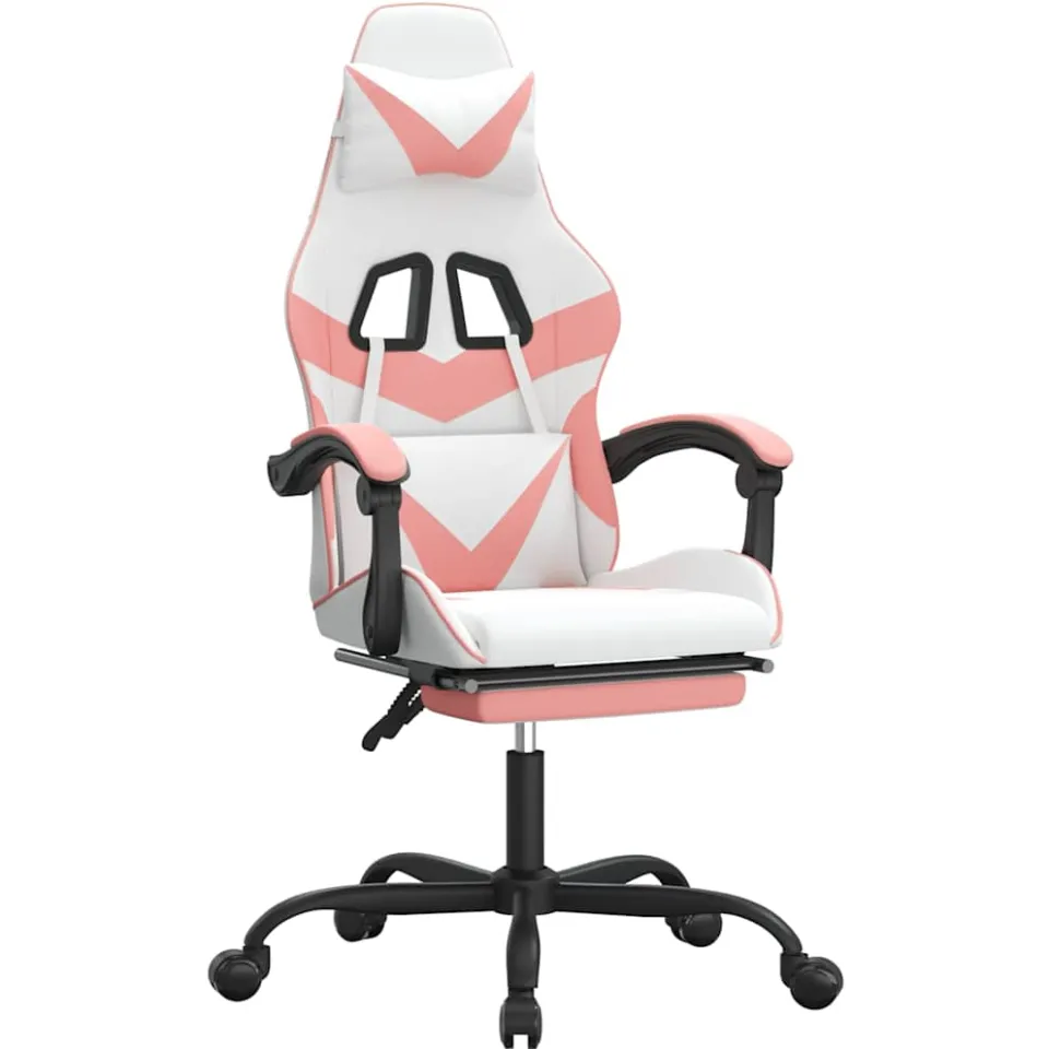 vidaXL Gamestoel draaibaar met voetensteun kunstleer wit en roze, foto 3