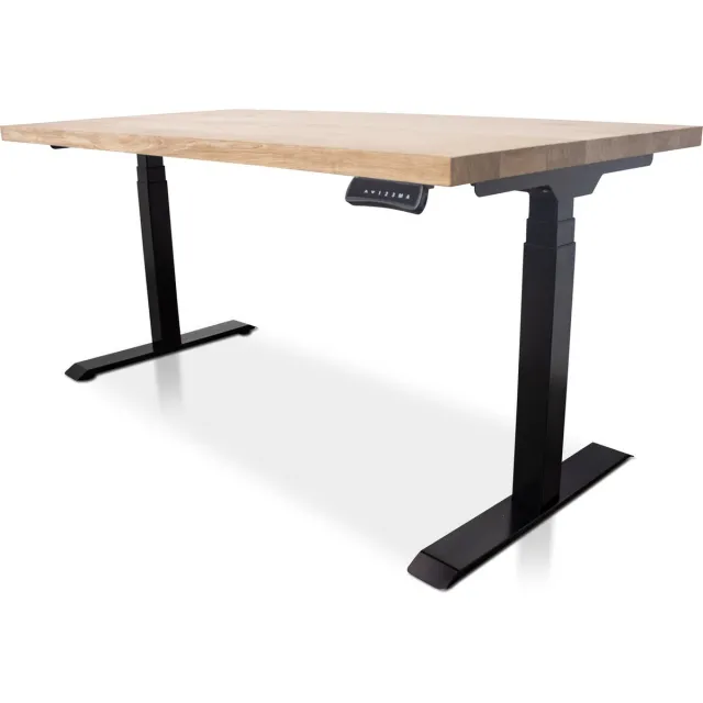 Multi Ratio Zit-sta bureau met massief eiken blad 180 x 90 cm - MRC PRO NEN-EN 527 - elektrisch verstelbaar - frame zwart - 130 cm hoog - 150KG draagvermogen