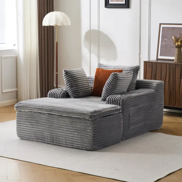 REDOM Chaise longue - 1-zits - Ribstof - Hoge dichtheid schuim - Zonder montage - Armleuningen met bekerhouders - Moderne stijl - Vloerbank - Grijs - 165 x 112 x 63 cm