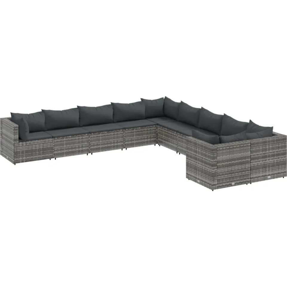 vidaXL 10-delige Loungeset met kussens poly rattan grijs