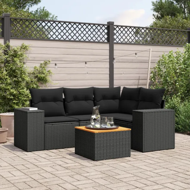 vidaXL 5-delige Loungeset met kussens poly rattan zwart, foto 2