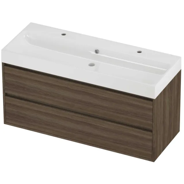 Proline Podium Badmeubelset Polystone Loft 2 Kraangaten Greeploos 120x46x62 cm Glans Wit Vital Oak Eiken