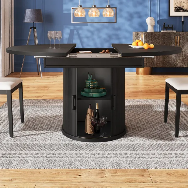 REDOM Uitschuifbare Eettafel - Met Opbergruimte - Rond Tot Ovaal - Voor Eetkamer - MDF - Zwart - 118-158 x 118 x 76,8 Cm