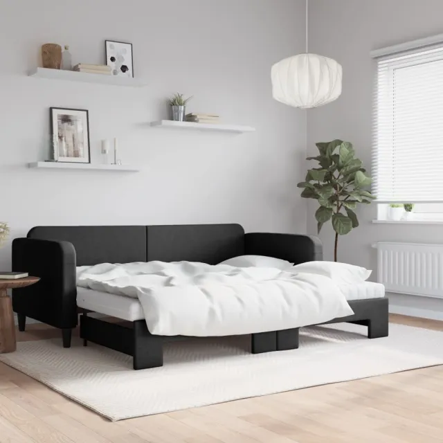 vidaXL Slaapbank met onderschuifbed en matrassen 90x190 cm stof zwart