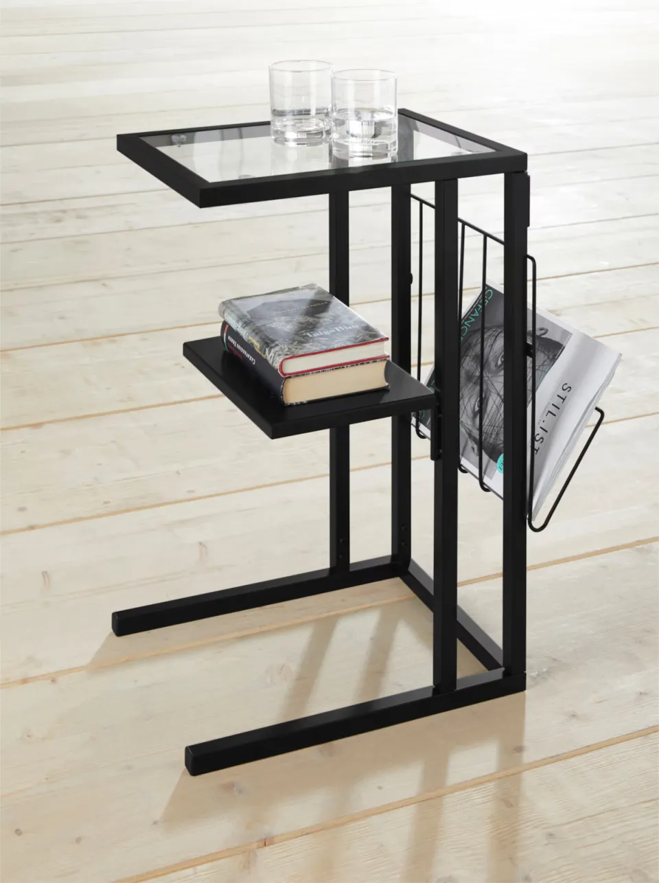 bijzettafel met glasplaat en tijdschriftenhouder zwart, foto 2