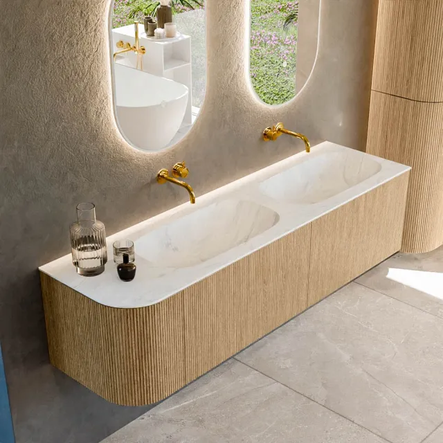 Mondiaz KURVE-DLUX 165 cm Onderkast Greeploos 2 Lades Met Deuren Oak, Wastafel Solid Surface Rechts Opalo 0 Kraangaten Zonder Spiegel (KRVSTS165L2L1D0KD-Oak/Opa)
