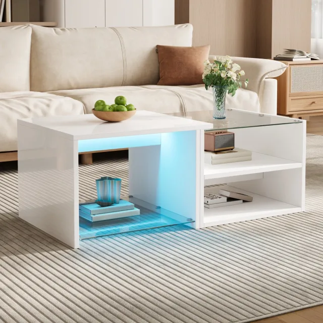 MODENUIT Salontafel - Getrapt Met Led En Open Vakken - Woonkamer - Spaanplaat En Glas - Wit - 100x50x38 Cm