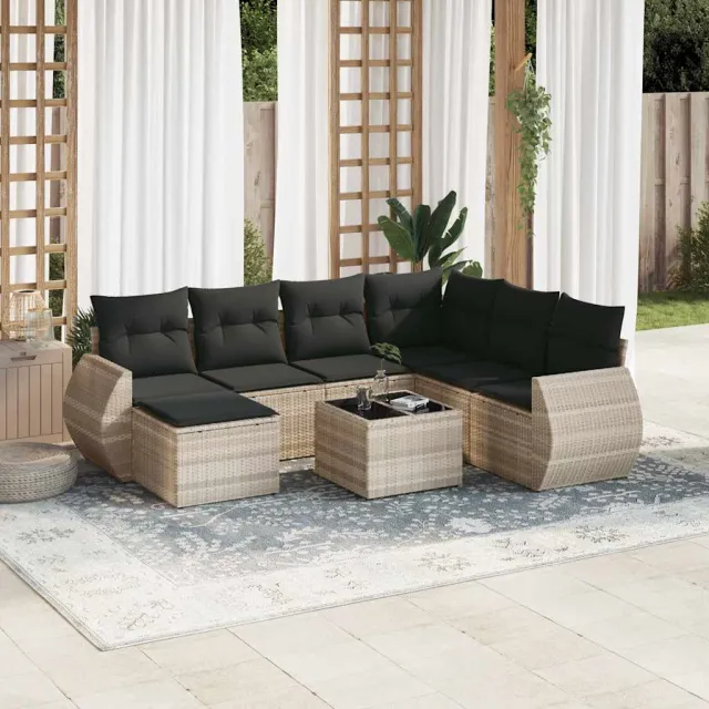 vidaXL 8-delige Loungeset met kussens poly rattan lichtgrijs