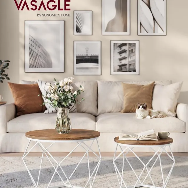 Vasagle 2x ronde Salontafel - groot en klein - diameter 50 en 40 cm - Stalen Frame - Honingbruin en Wolkenwit