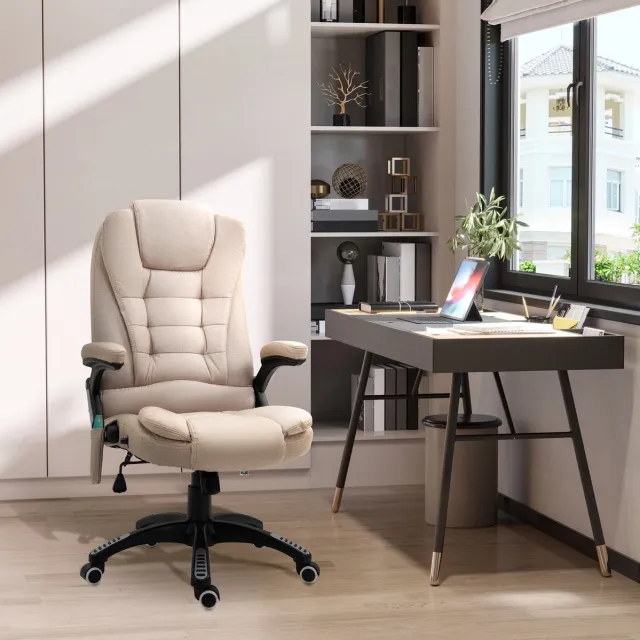 REDOM Bureaustoel met massagefunctie en verwarming - 360° draaibaar met kantelbare rugleuning - Met vaste armleuningen en hoofdsteun - Linnenlook - Kantoor - Stof - Beige - 120 x 72 x 68 cm