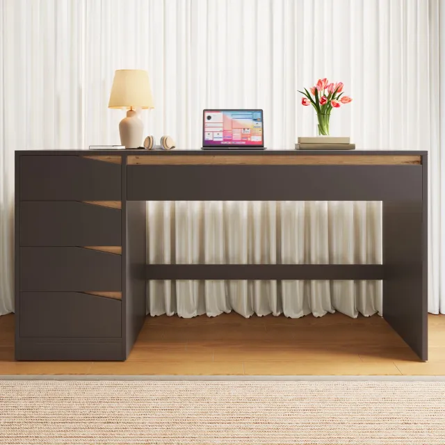 MODENUIT Bureau 140 x 50 cm - 5 Laden - Voor Thuiswerk En Slaapkamer - MDF - Grijs Met Eikendecor