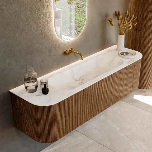 Mondiaz KURVE-DLUX 160 cm Onderkast Greeploos 1 Lade Met Deuren Walnut, Wastafel Solid Surface Midden Frappe 0 Kraangaten Zonder Spiegel (KRVBGM160L+R1L2D0KM-Wal/Fra)