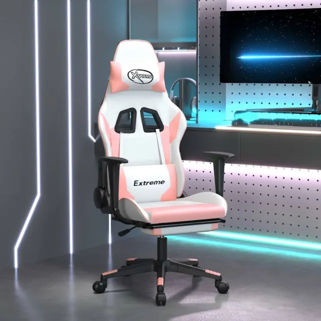 vidaXL Massage - gamestoel - met - voetensteun - kunstleer - wit - en - roze wit en roze