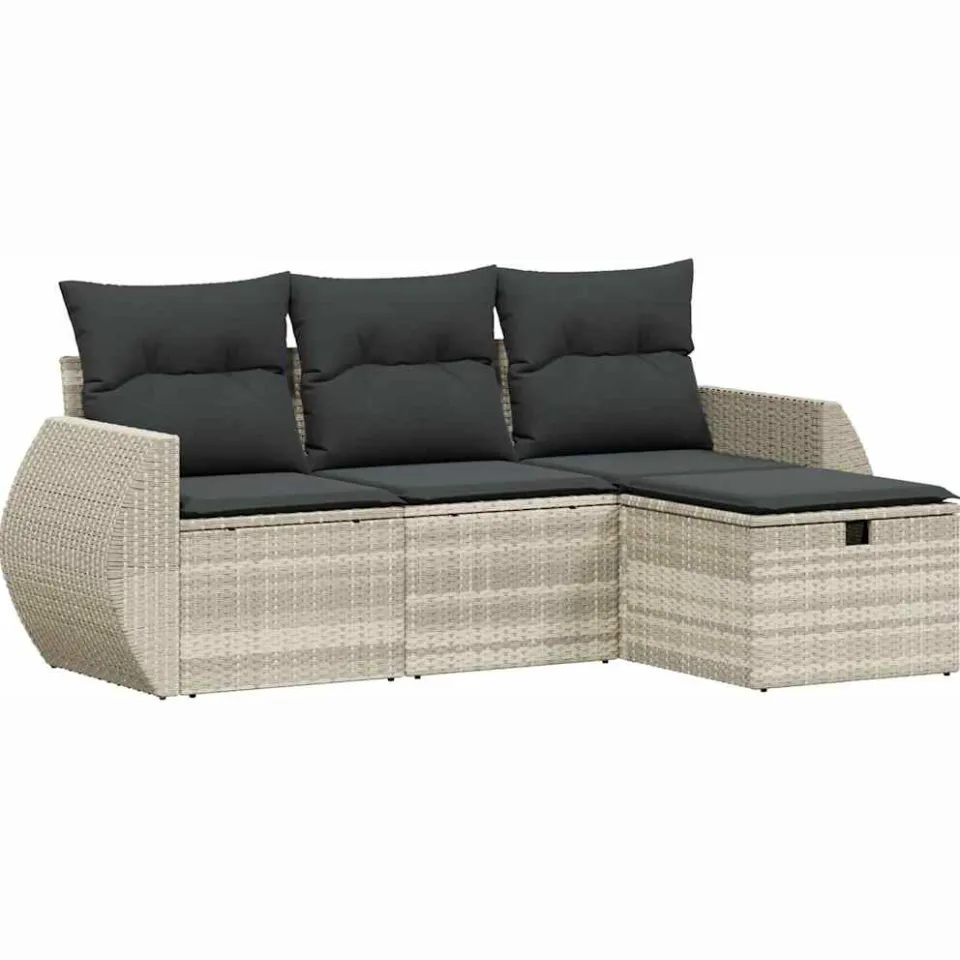 vidaXL 4-delige Loungeset met kussens poly rattan lichtgrijs grijs, foto 3