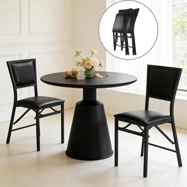 Laura Inklapbare Eetkamerstoelen Set van 2 – Comfortabele Gevoerde Zwarte Klapstoelen met Metalen Frame, Kunstleer Bekleed, Zithoogte 44 cm, Afmetingen 51x46x85 cm – Perfect voor Keuken, Eetkamer, Restaurant of Extra Zitplaatsen – Laura