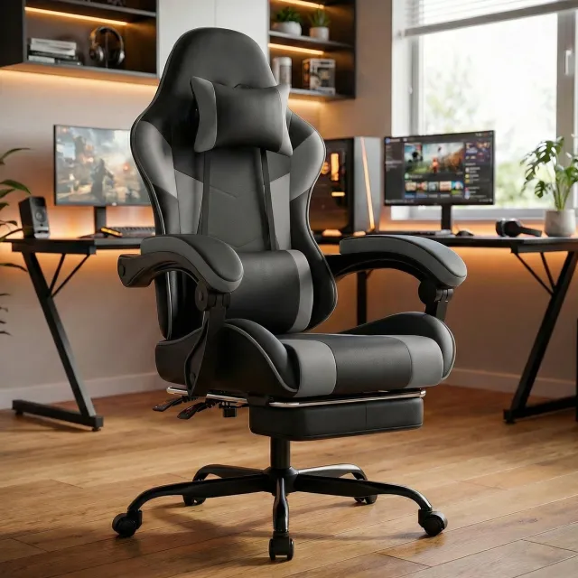 DESMIU Gamingstoel 63 x 62 x 121-131 cm - Ergonomisch Met Hoofdsteun, Lendensteun En Verstelbare Rugleuning - Voor Gamen En Kantoor - Kunstleer Zwart Grijs