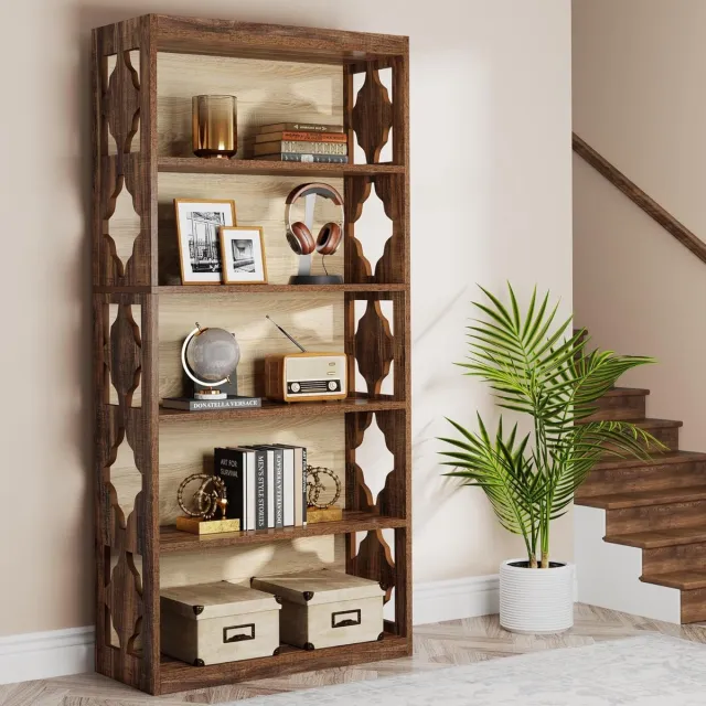House&Garde Boekenkast 6-Laags Industrieel - House&Garden Windsor Elite Boekenkast - Hoge Open Vakkenkast met Gesloten Achterwand en Ruitdesign - Houten Opbergkast voor Woonkamer, Kantoor en Slaapkamer - Vintage Walnoot - 80 x 30 x 179 cm