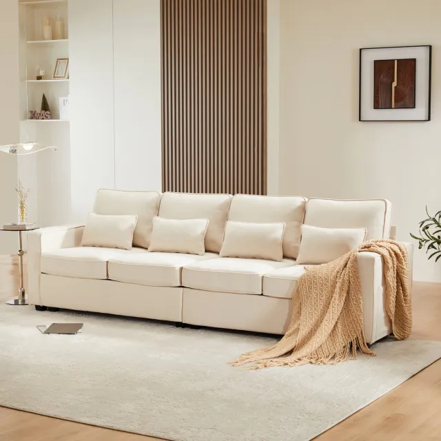 Zubaliya Moderne 4-zitsbank van Linnen Stof, 4-zits Bank, Vierzitsbank met Armleuningvakken en 4 Kussens, bank in Eenvoudige Stijl, Geschikt voor Woonkamer, Appartement, Kantoor, 3 Kleuropties voor Banken-Beige