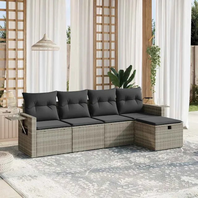 vidaXL 5-delige Loungeset met kussens poly rattan lichtgrijs grijs, foto 2