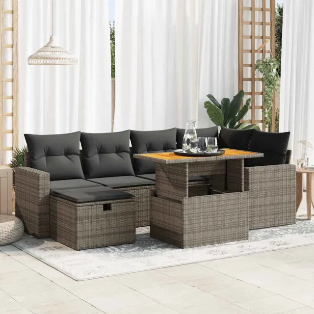 vidaXL 7-delige Loungeset met kussens poly rattan grijs, foto 2