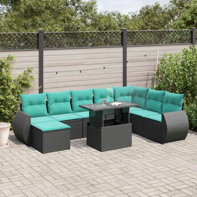 vidaXL 9-delige tuinbankset met kussens van zwart polyrotan, foto 2