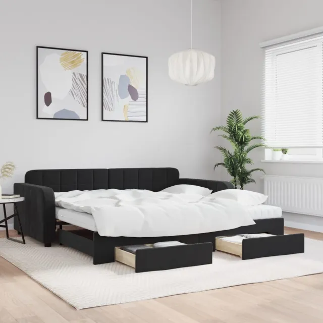 vidaXL Slaapbank met onderschuifbed en lades 100x200 cm fluweel zwart