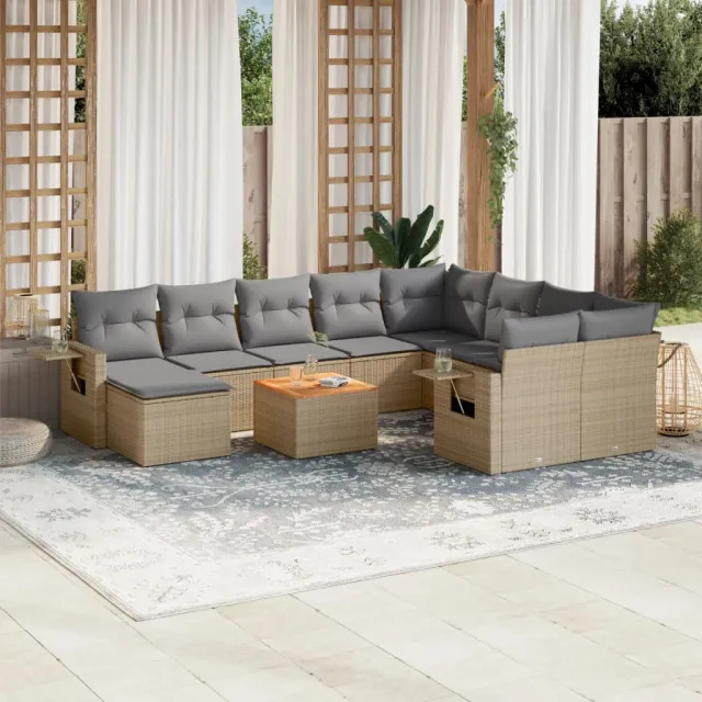 vidaXL 11-delige Loungeset met kussens poly rattan gemengd beige, foto 2