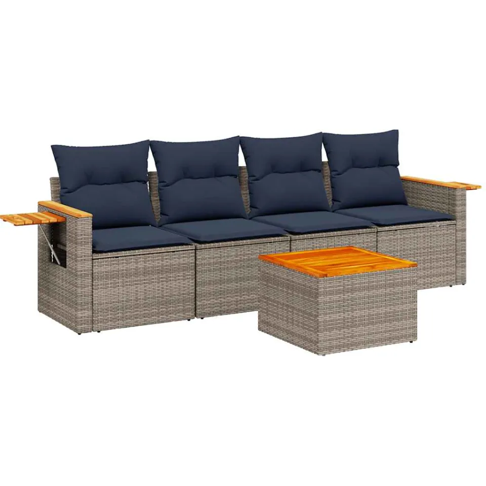 vidaXL 5-delige Loungeset met kussens poly rattan grijs, foto 3