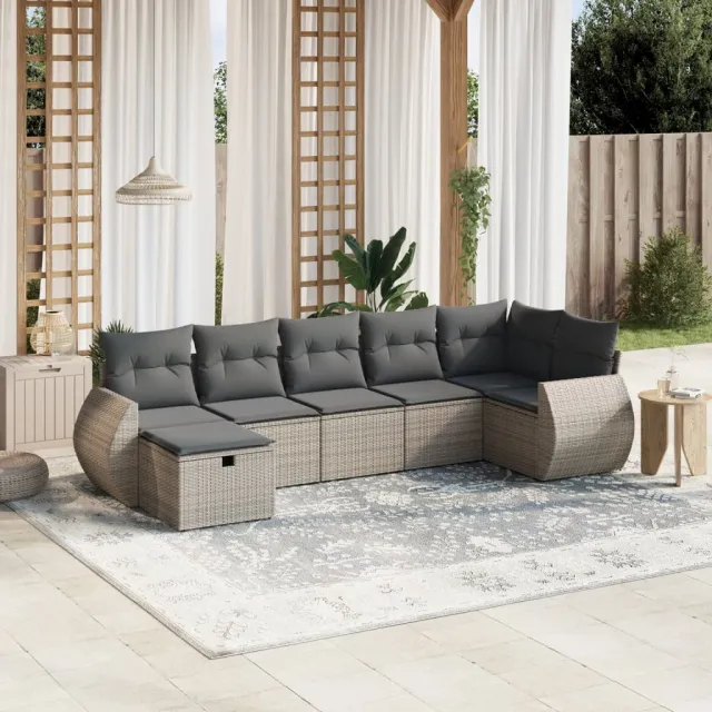vidaXL 7-delige Loungeset met kussens poly rattan grijs, foto 2