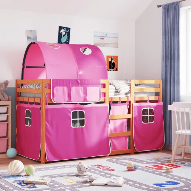 vidaXL Stapelbed met gordijnen 90x190 cm grenenhout roze