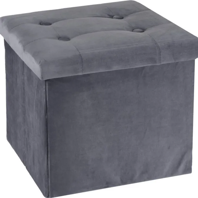 H&S Collection Poef/hocker/krukje - opbergbox - donkergrijs - fluweel polyester - 38 x 38 cm Dark grey